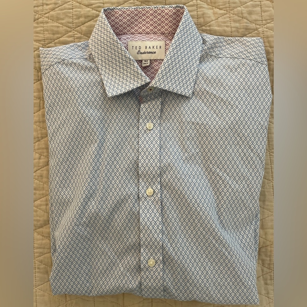 TED BAKER Endurance Print Contrast Placket Sport Shirt in Blue Size 14.5 $165 - Picture 1 of 8